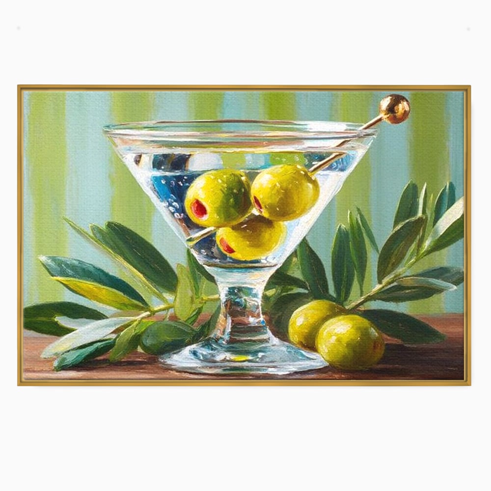 Tablou canvas cu pictura cu pahar martini si masline, in rama de aluminiu auriu
